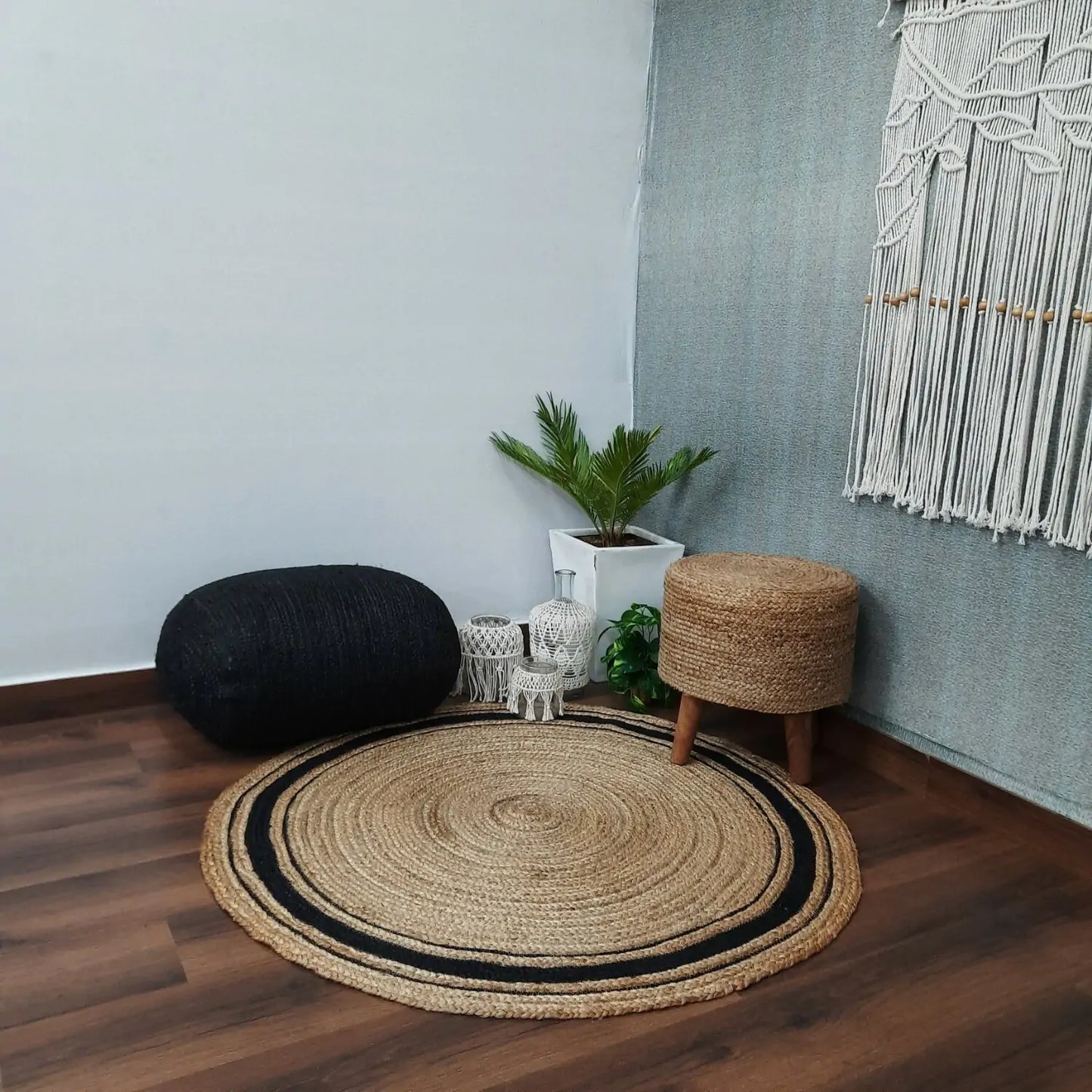 Avioni Natural Jute With Black Border Braided Carpet Eco Friendly-Multicolour Boho Collection-Multiple Sizes