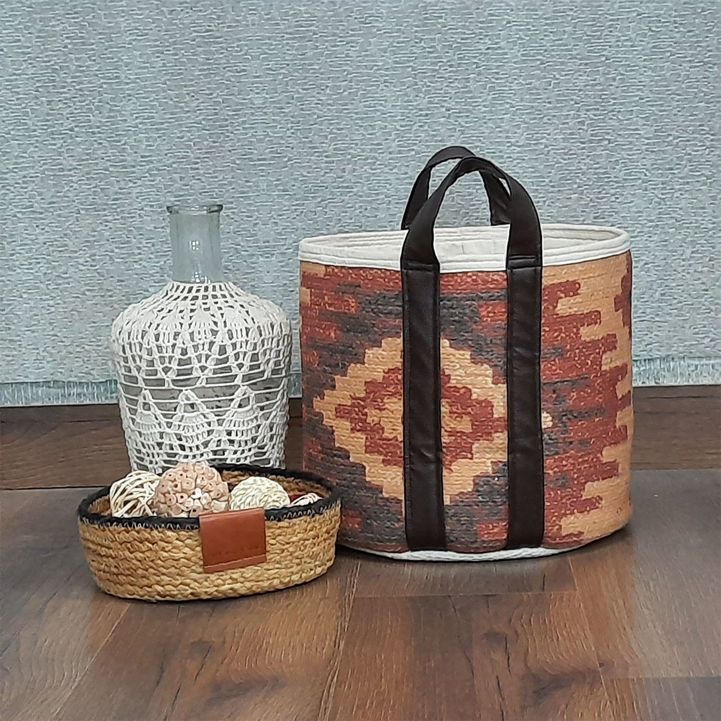 Avioni Home Hand Braided Ethnic Pattern Cotton Basket | Leatherette Handles | Canvas Inner for Extra Strength | Size: 28 x30 cms (~11—12 inch)