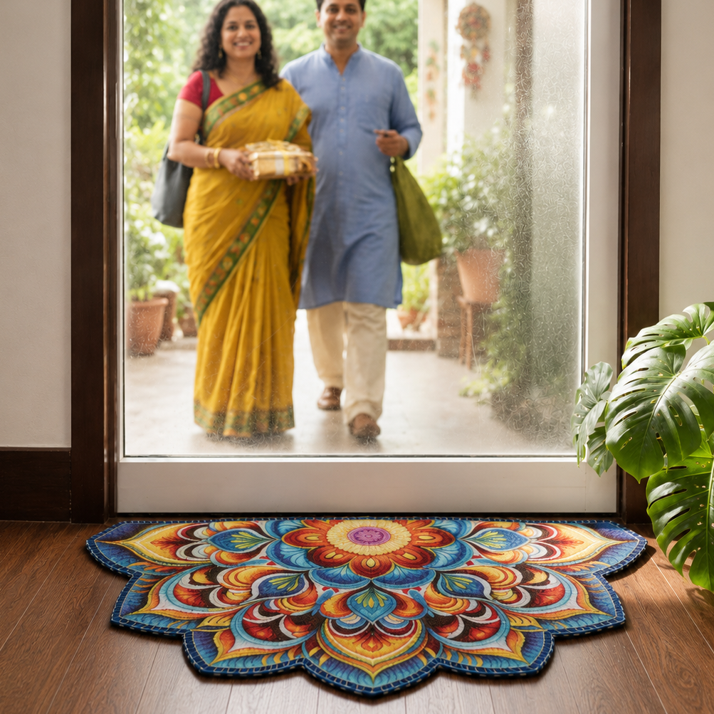 Colorful mandala rug on a wooden floor with a couple entering a home through a glass door.