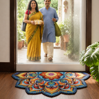 Colorful mandala rug on a wooden floor with a couple entering a home through a glass door.