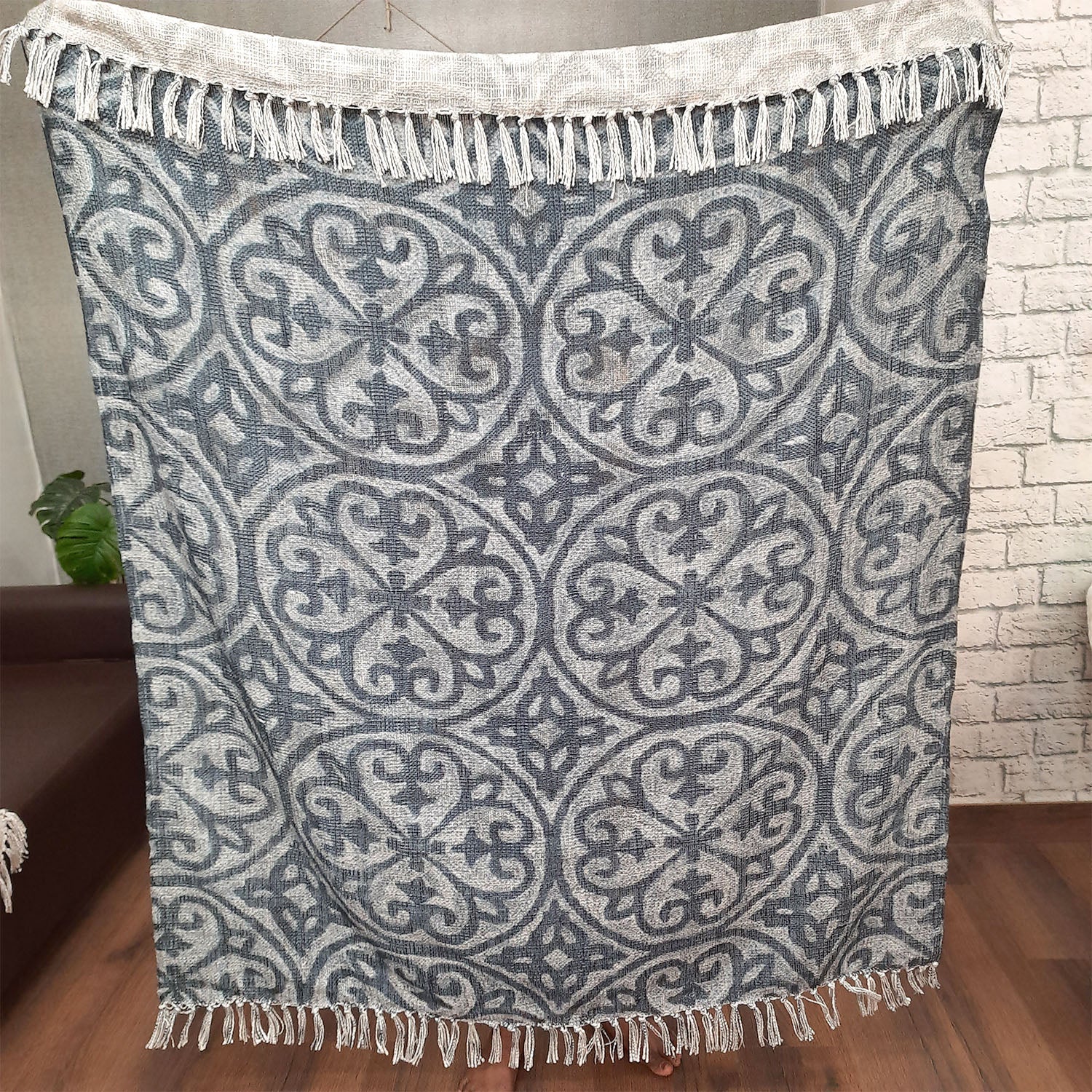 Storilane Beautiful Soft Sofa Throw | Grey & White Double Side Design | Virgin Premium Polyester Slub Handloom Sofa Throw