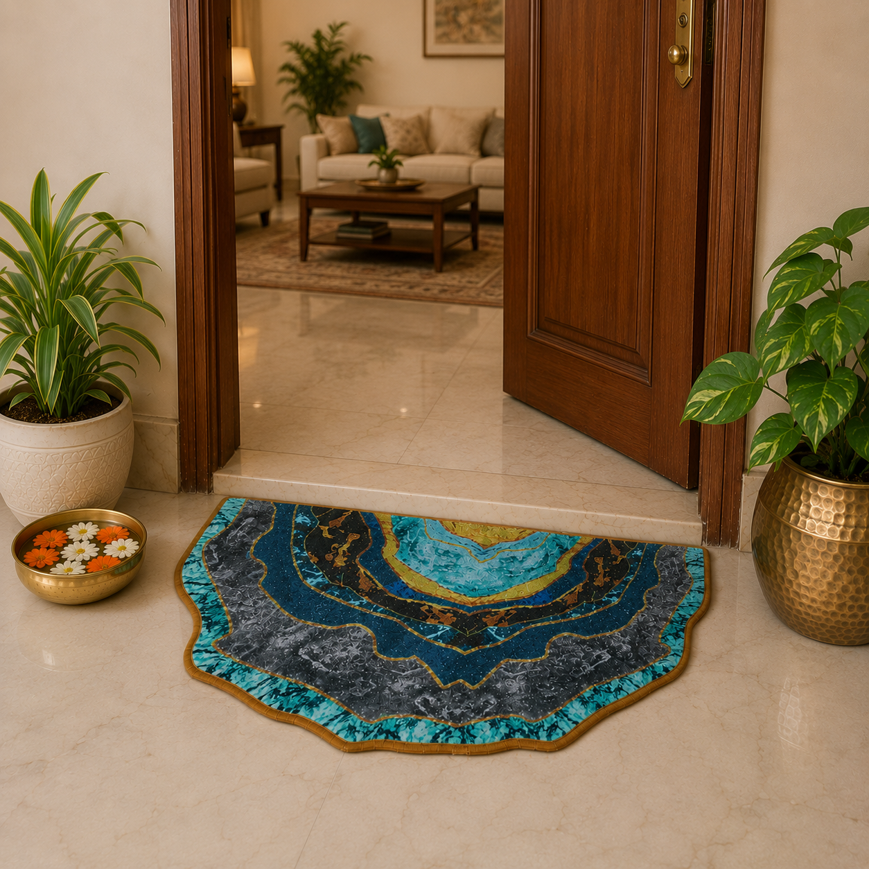 Stylish entrance floor mat with intricate geometric design.