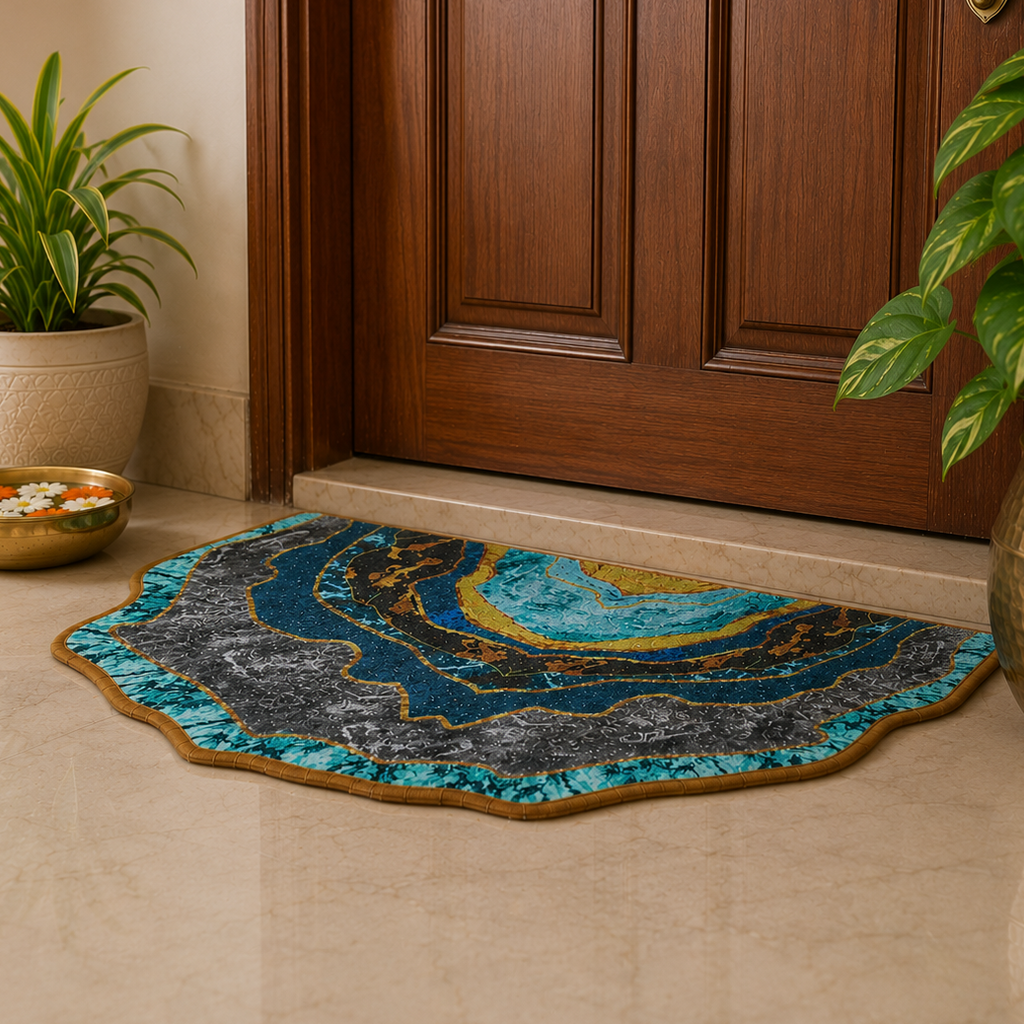 Decorative geometric half-round rug on polished marble flooring.