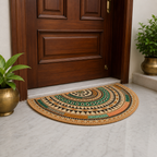 Semi-round floor mat with intricate colorful geometric detailing.