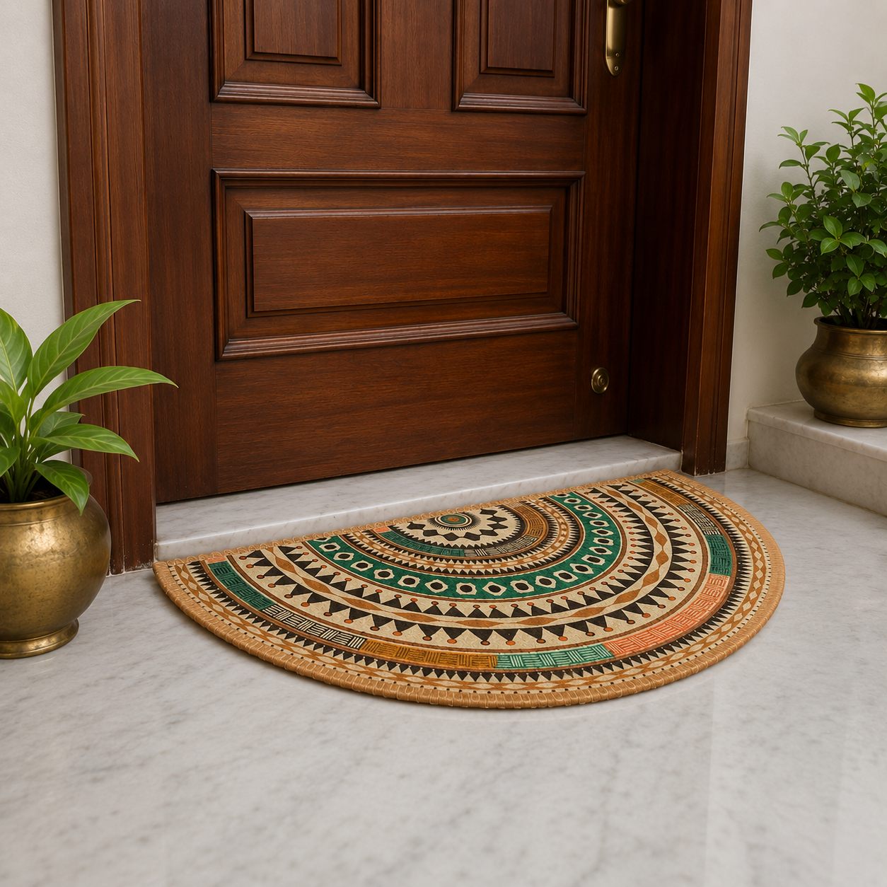 Semi-round floor mat with intricate colorful geometric detailing.