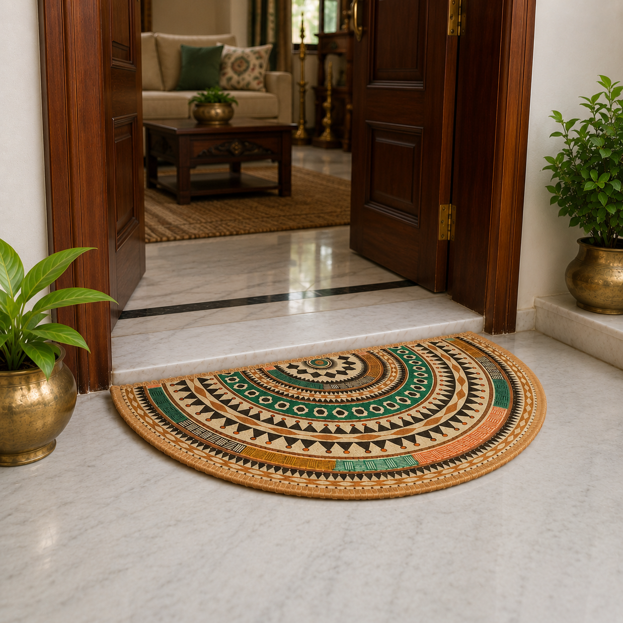 Decorative semi-round mat featuring bohemian geometric artwork.