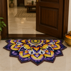 Decorative doormat with a colorful mandala design in front of an open wooden door.