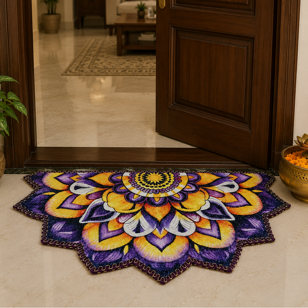 Decorative doormat with a colorful mandala design in front of an open wooden door.