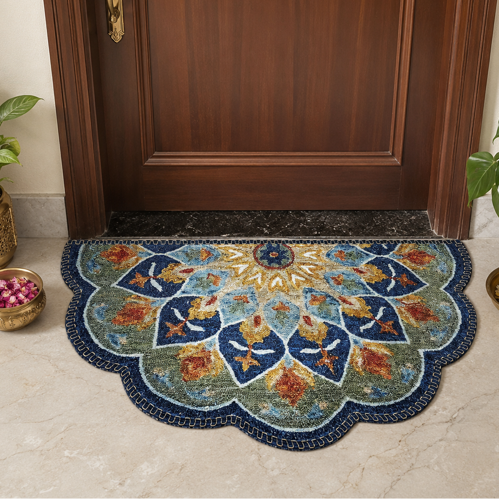 Decorative doormat with floral patterns in front of a wooden door.