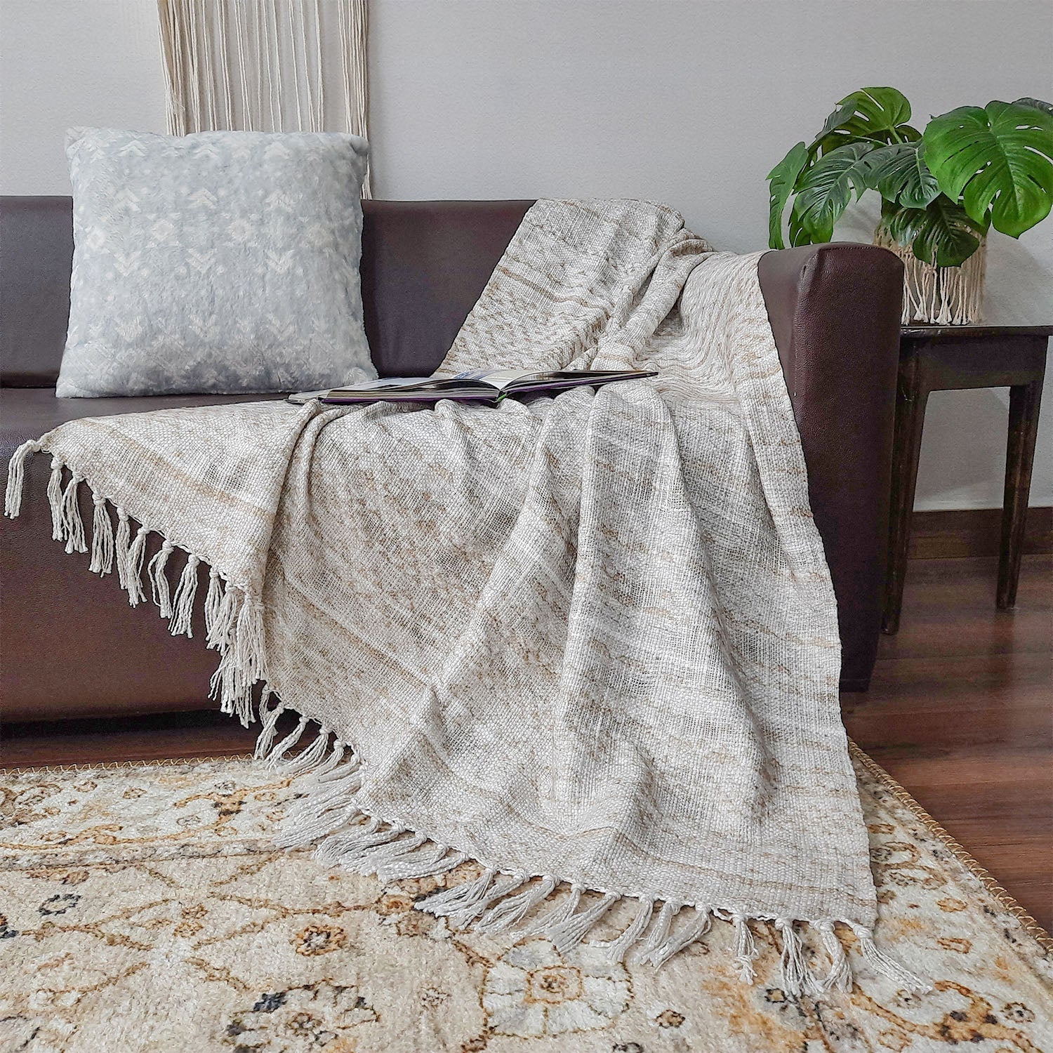 Storilane Beautiful Soft Sofa Throw | Modern Ethnic Design | Virgin Premium Polyester Slub Handloom Sofa Throw