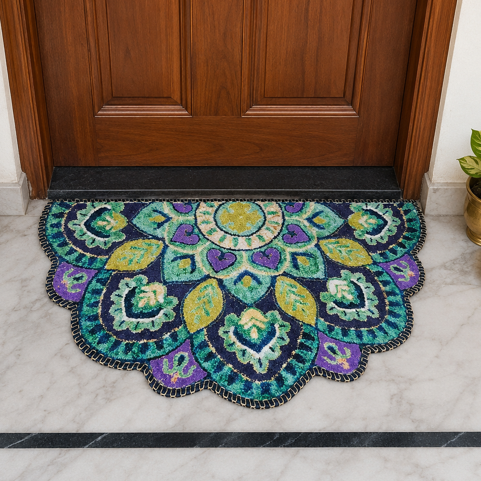 Decorative doormat with mandala design in front of a wooden door.