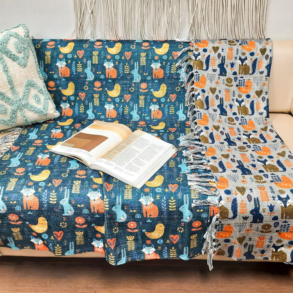 Storilane Cute Reversible Soft Sofa Throw | Modern Design | Virgin Premium Polyester Slub Handloom Sofa Throw