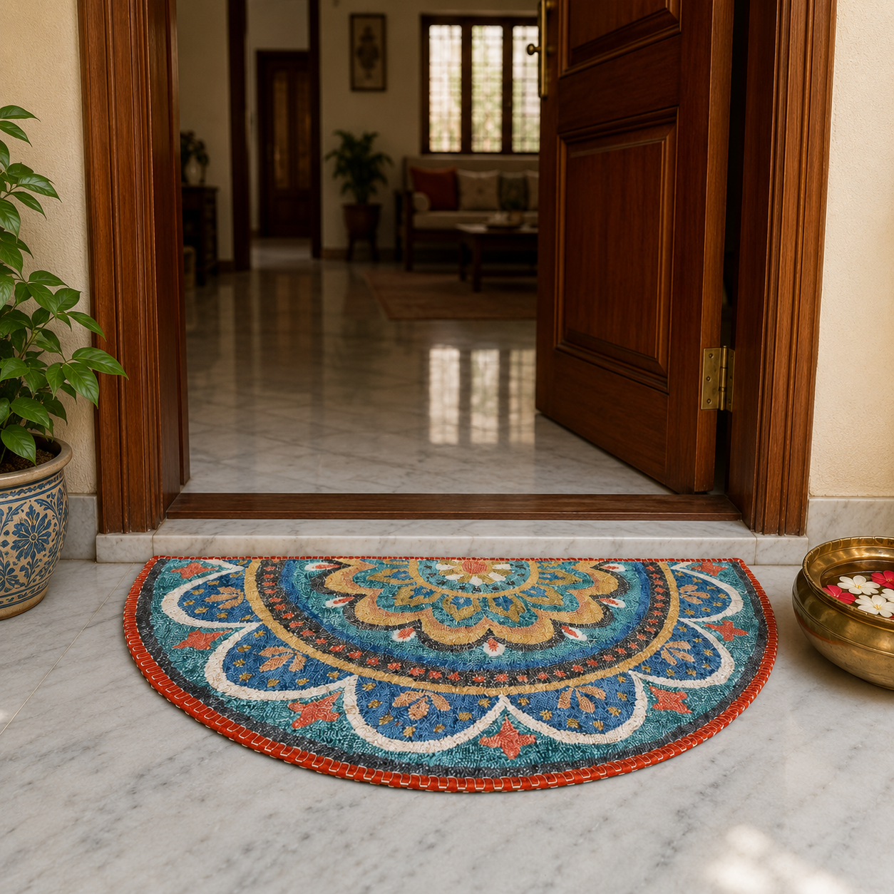Storilane Floor Mats in Beautiful Rangoli Design | Half Circle Rugs | Anti Slip, Durable & Washable | Outdoor & Indoor