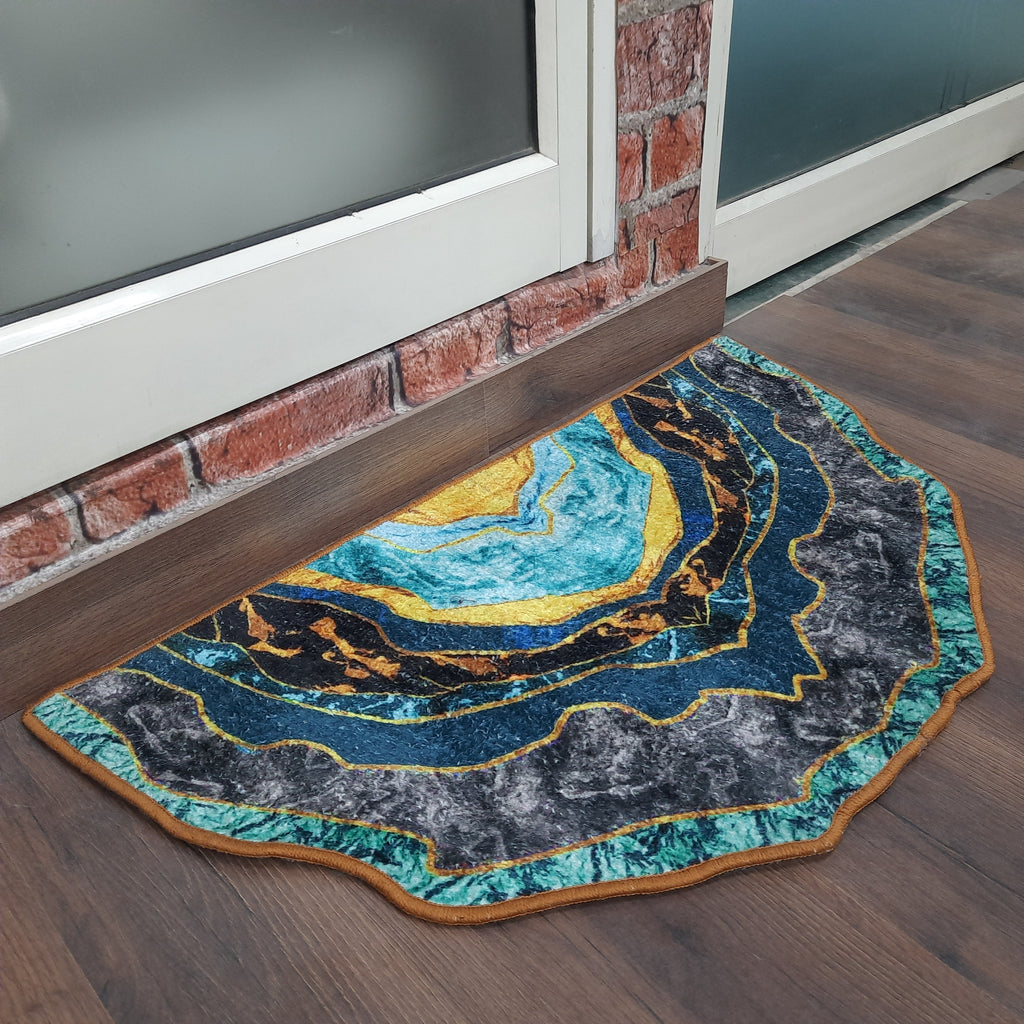 Brightly patterned semi-circle floor mat welcoming family and guests.