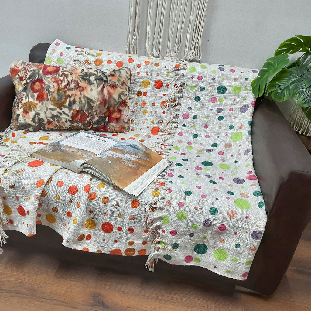 Storilane Polka Dot Reversible Soft Sofa Throw | Modern Design | Virgin Premium Polyester Slub Handloom Sofa Throw