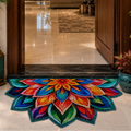 Colorful doormat with floral design in front of a modern house entrance.
