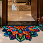 Colorful doormat with floral design in front of a modern house entrance.