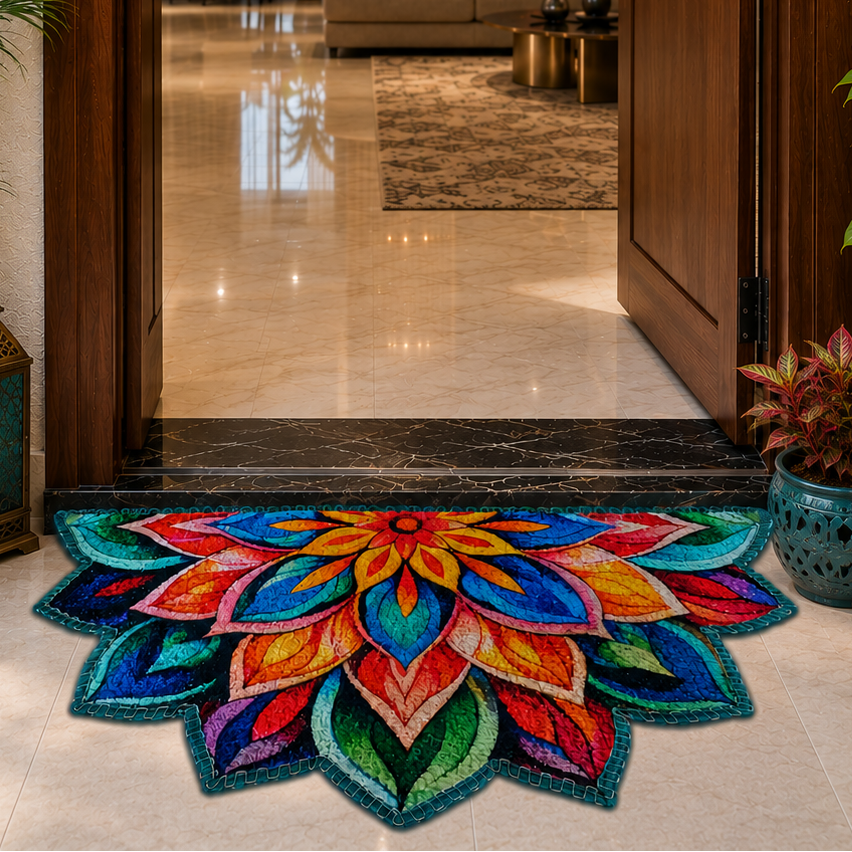 Colorful doormat with floral design in front of a modern house entrance.