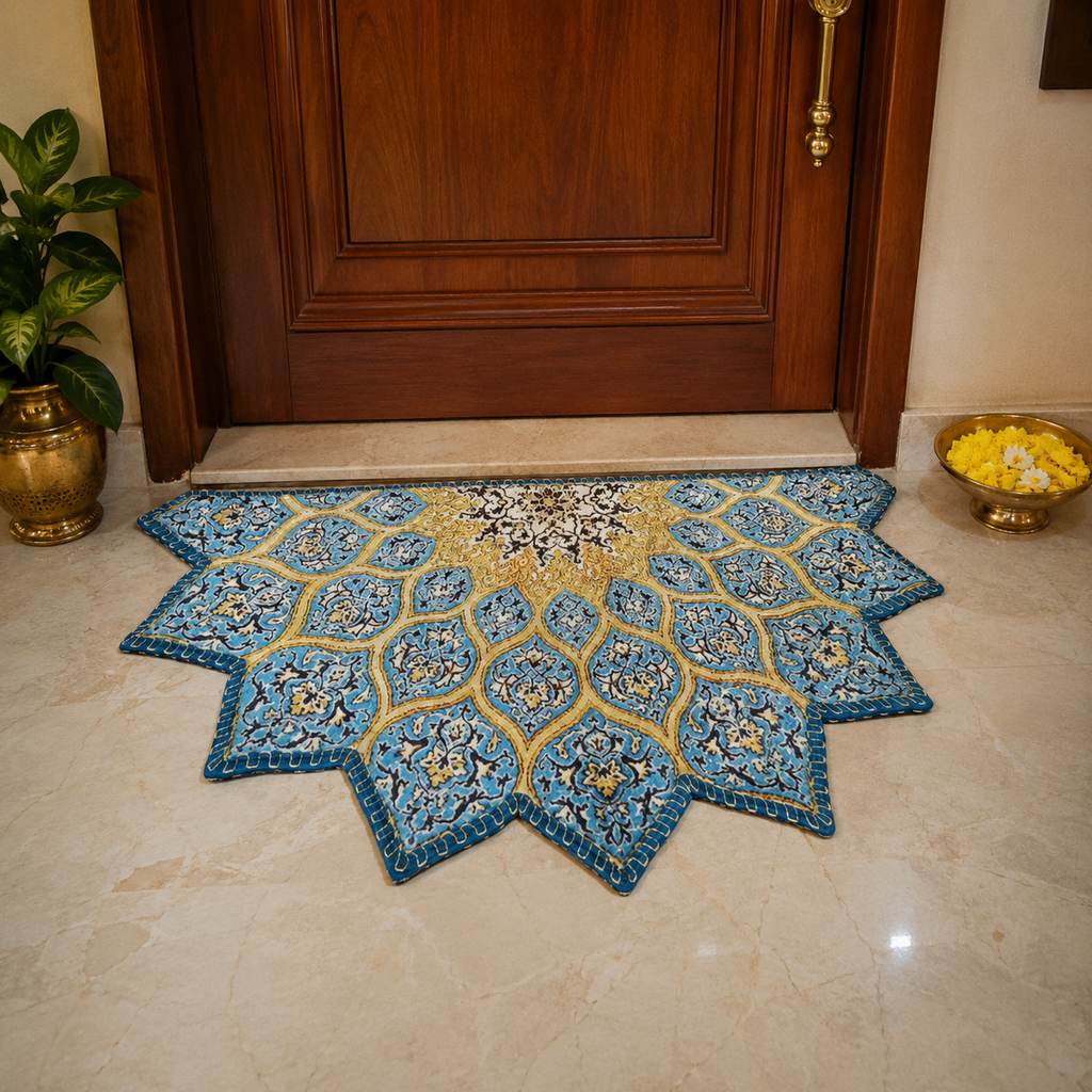Semi-circular geometric floor mat complementing modern home décor.