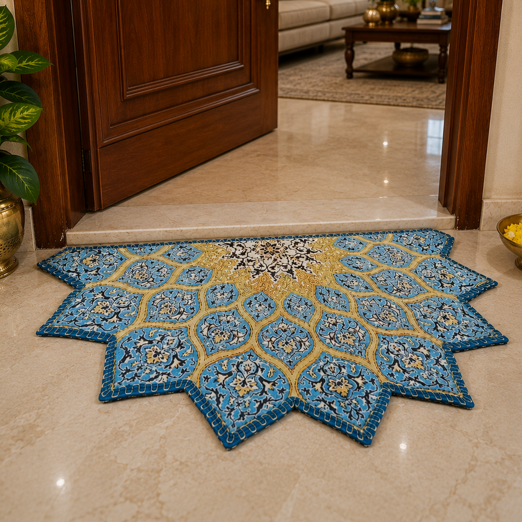 Decorative half-circle mat featuring colorful symmetrical designs.