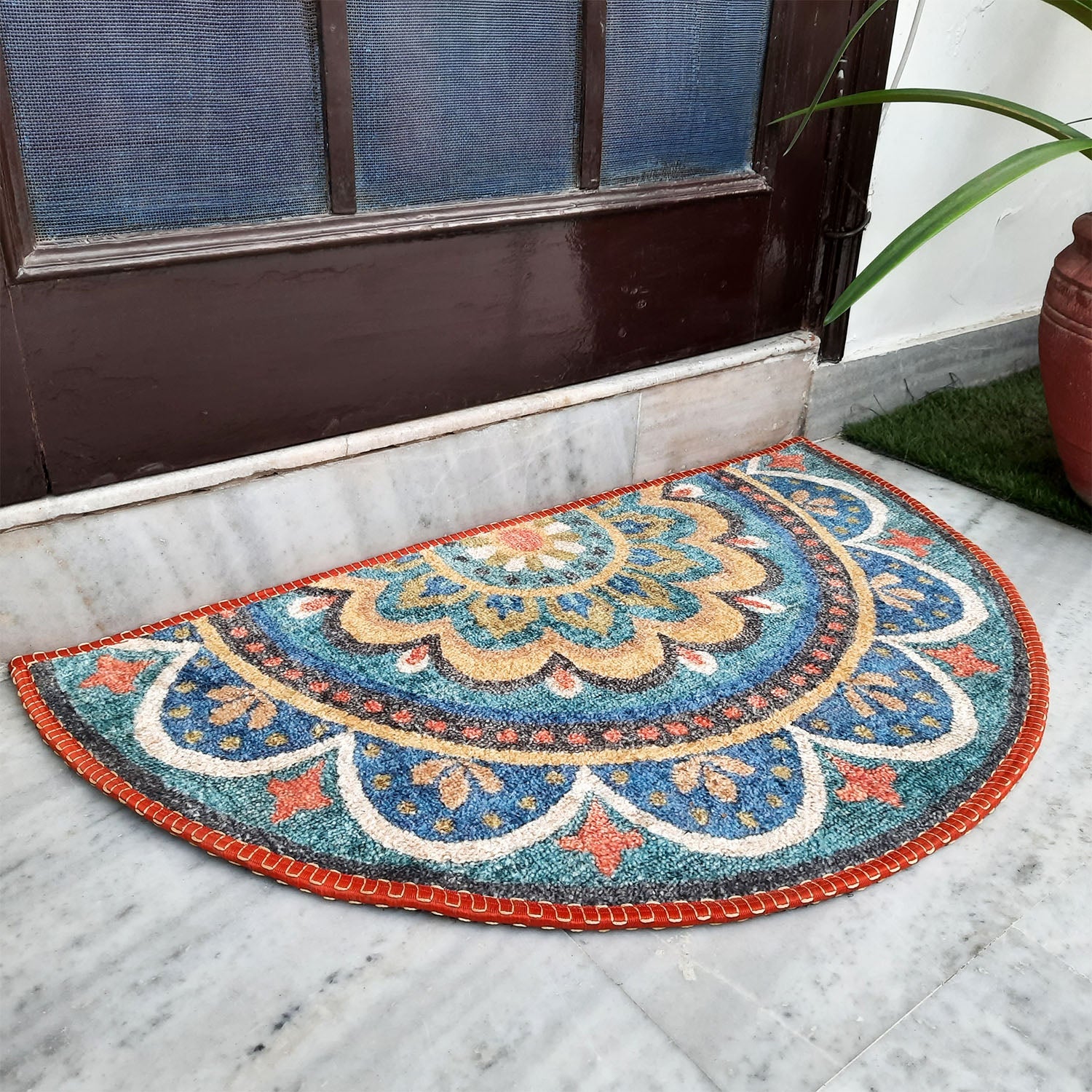 Storilane HandMade Floor Mats in Beautiful Rangoli Design | Half Circle Rugs | Anti Slip, Durable & Washable | Outdoor & Indoor