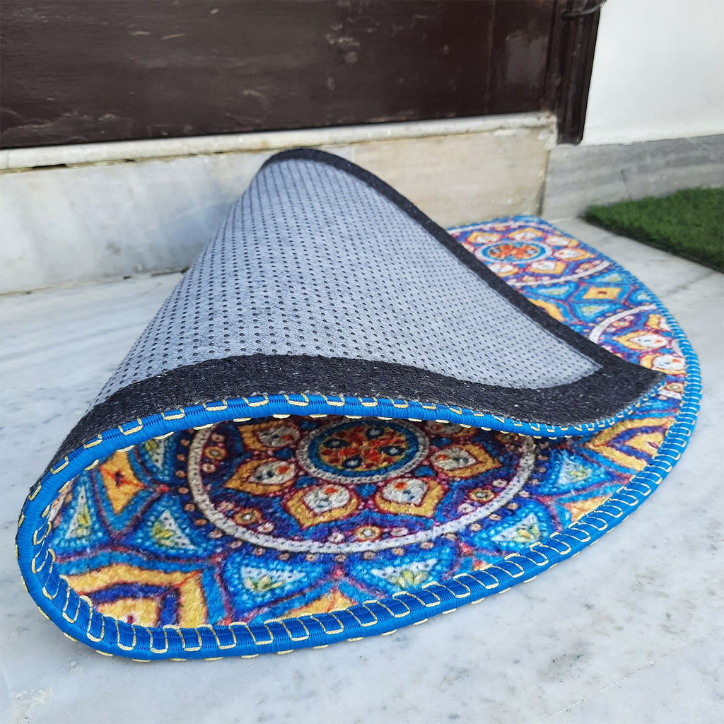 Colorful decorative mat adding personality to the front entrance.