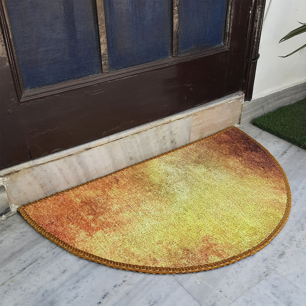 Colorful bohemian half-round floor mat enhancing a stylish home entrance.