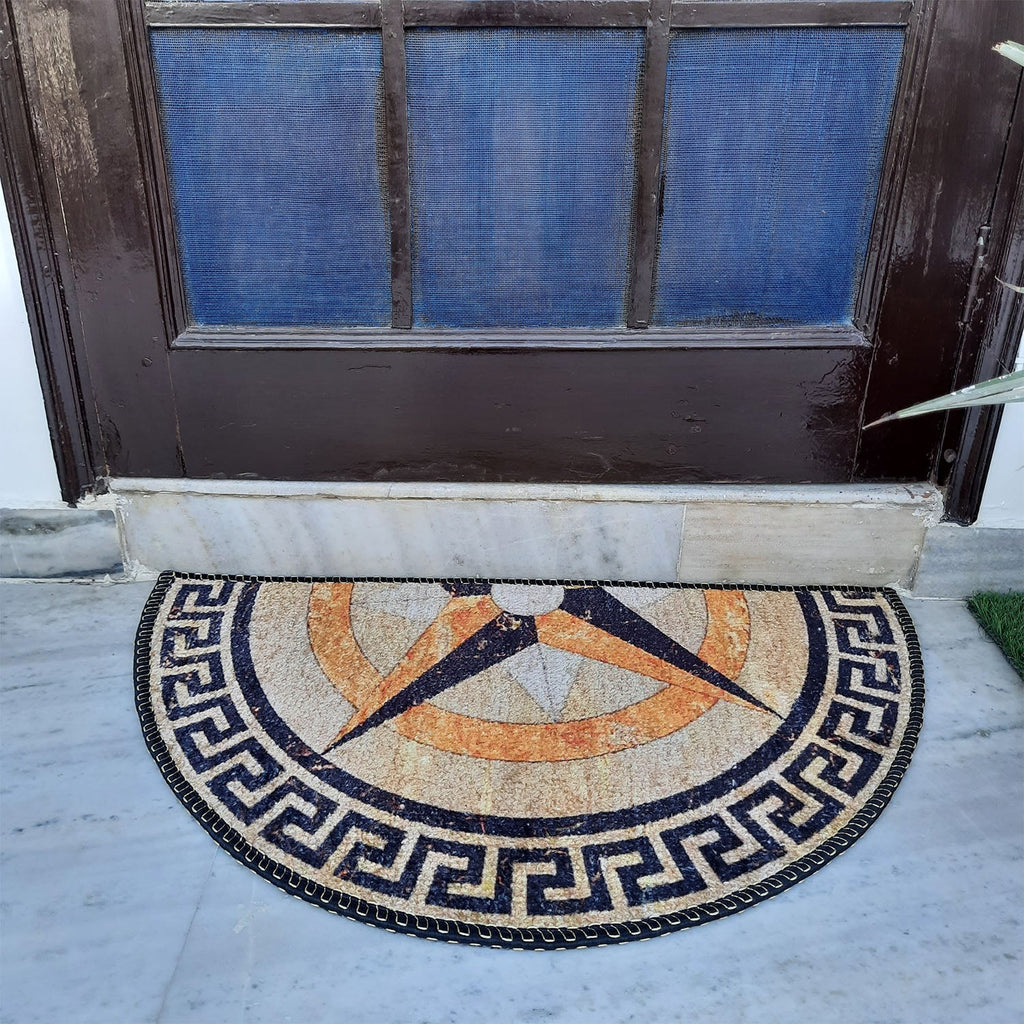 Decorative half-round rug with colorful geometric details for home entrances.