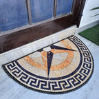 Boho-inspired semi-circle entrance mat featuring intricate geometric motifs.