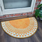 Decorative colorful door mat designed in a classic half-circle shape.