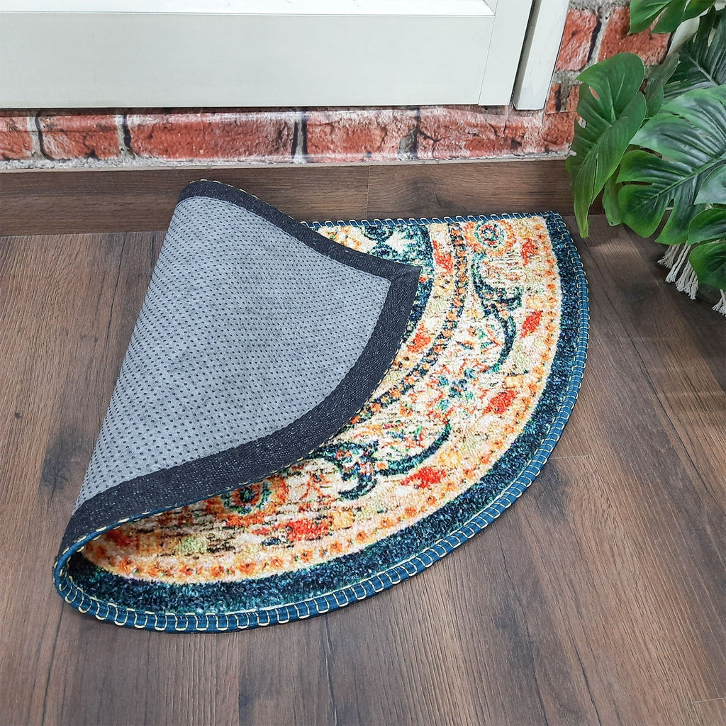 Colorful geometric welcome mat enhancing a contemporary entrance.