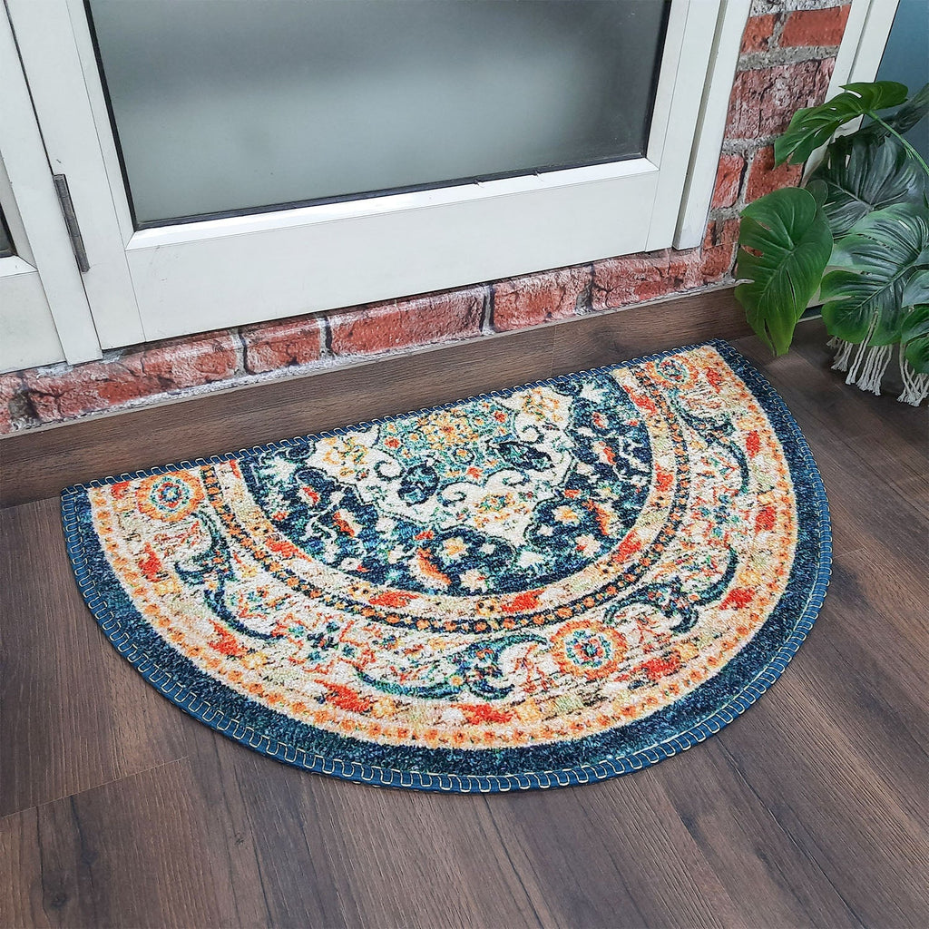 Half-circle decorative rug with vivid multicolor geometric design.