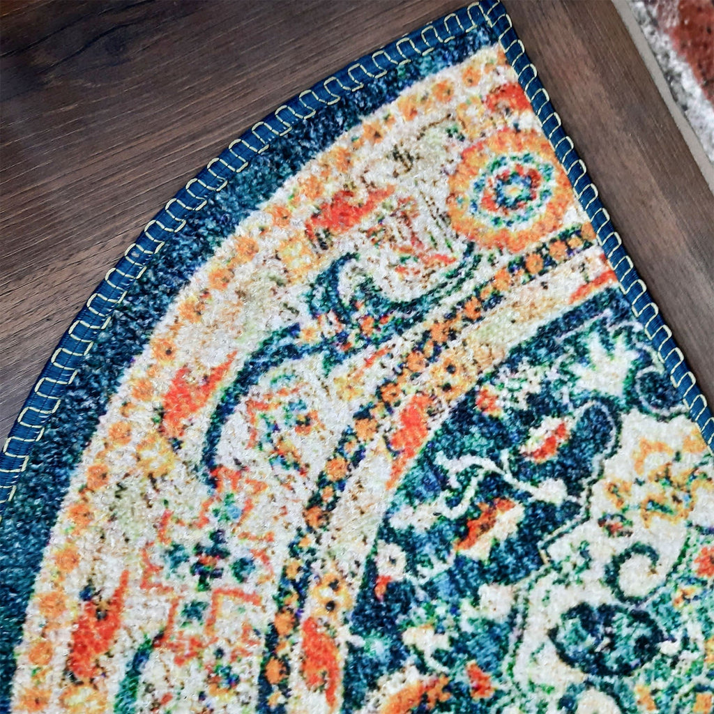 Decorative semi-circle rug adding warmth to indoor spaces.
