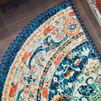 Decorative semi-circle rug adding warmth to indoor spaces.