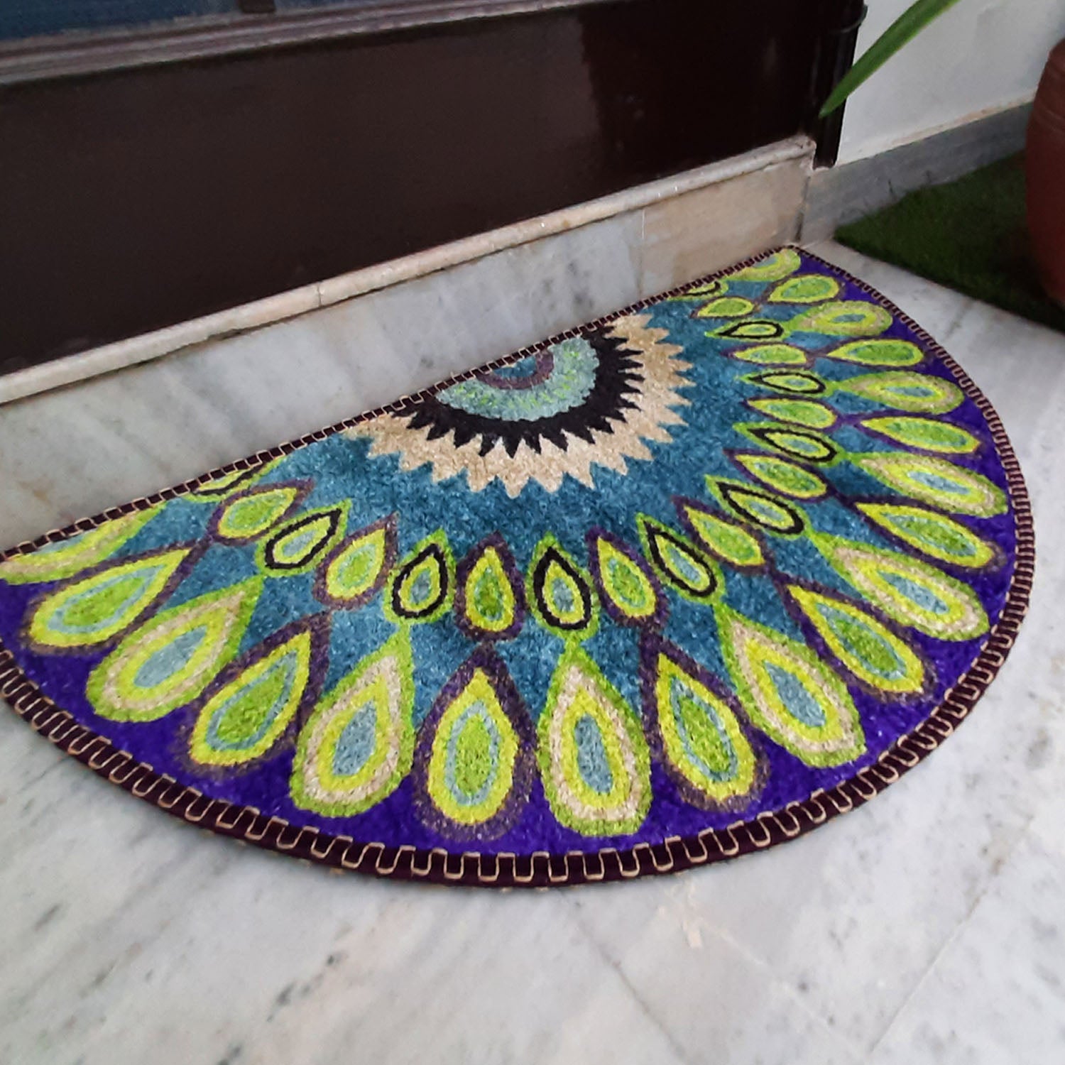 Storilane HandMade Floor Mats in Beautiful Peacock Rangoli Design | Anti Slip, Durable & Washable | Outdoor & Indoor