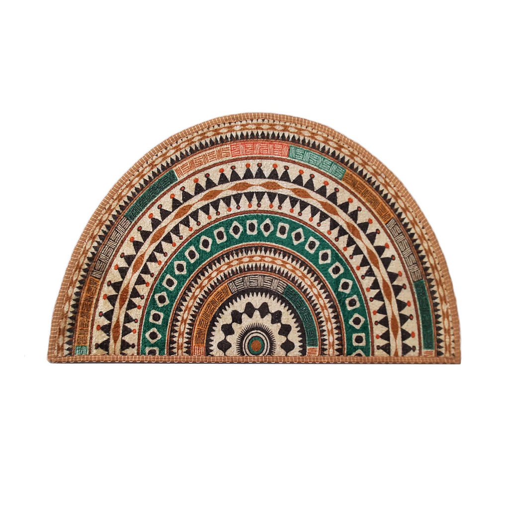 Multicolor half-moon floor mat perfect for welcoming visitors.