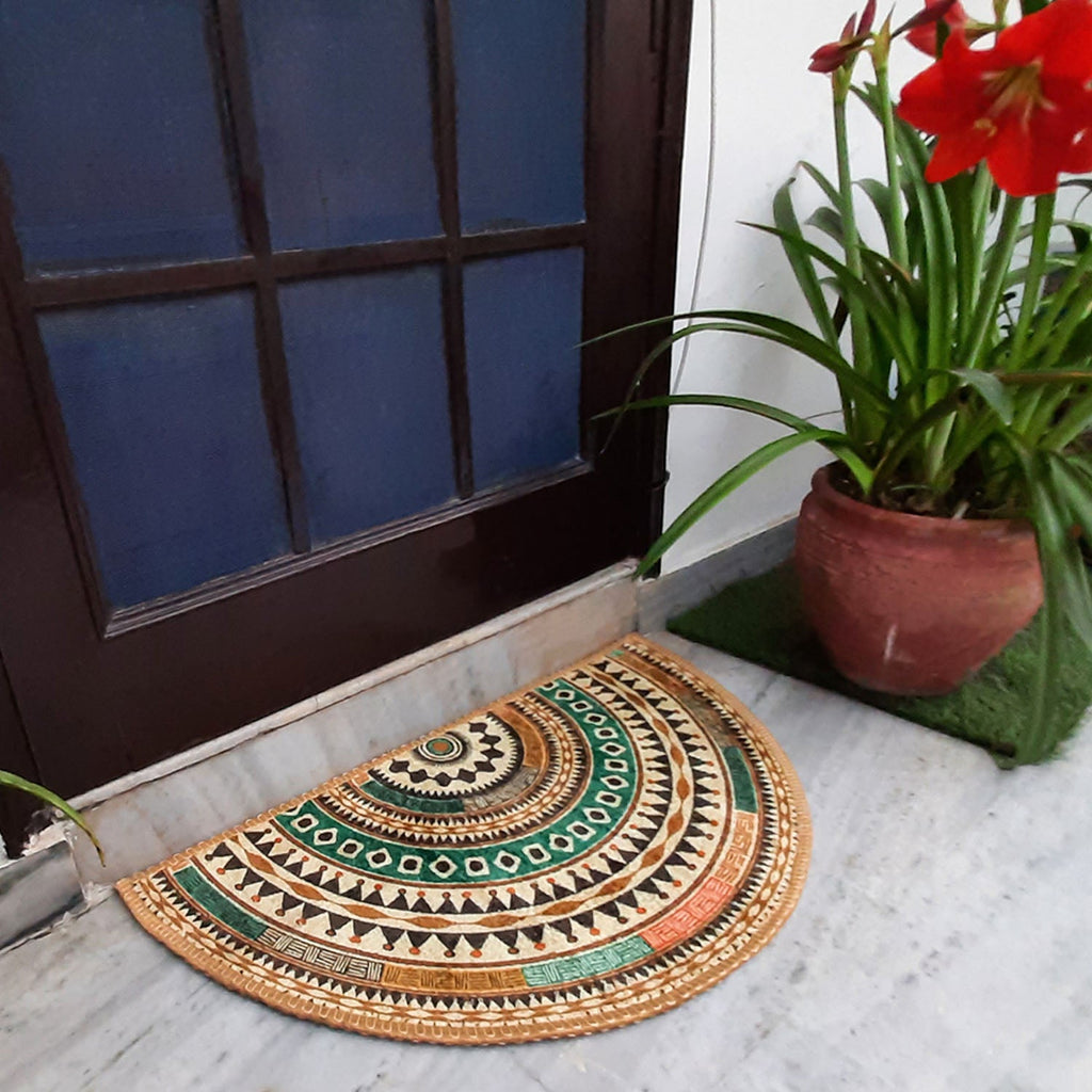 Decorative semi-circle rug featuring colorful mandala-inspired patterns.