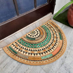 Bright half-circle entrance rug complementing a wooden front door.