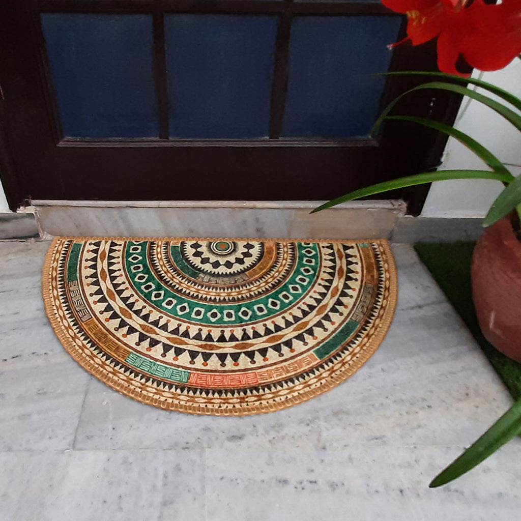Geometric patterned semi-circular doormat for elegant home entrances.