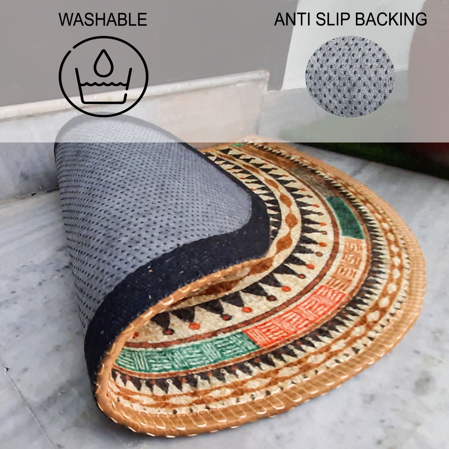 Colorful decorative half-circle mat creating a welcoming atmosphere.