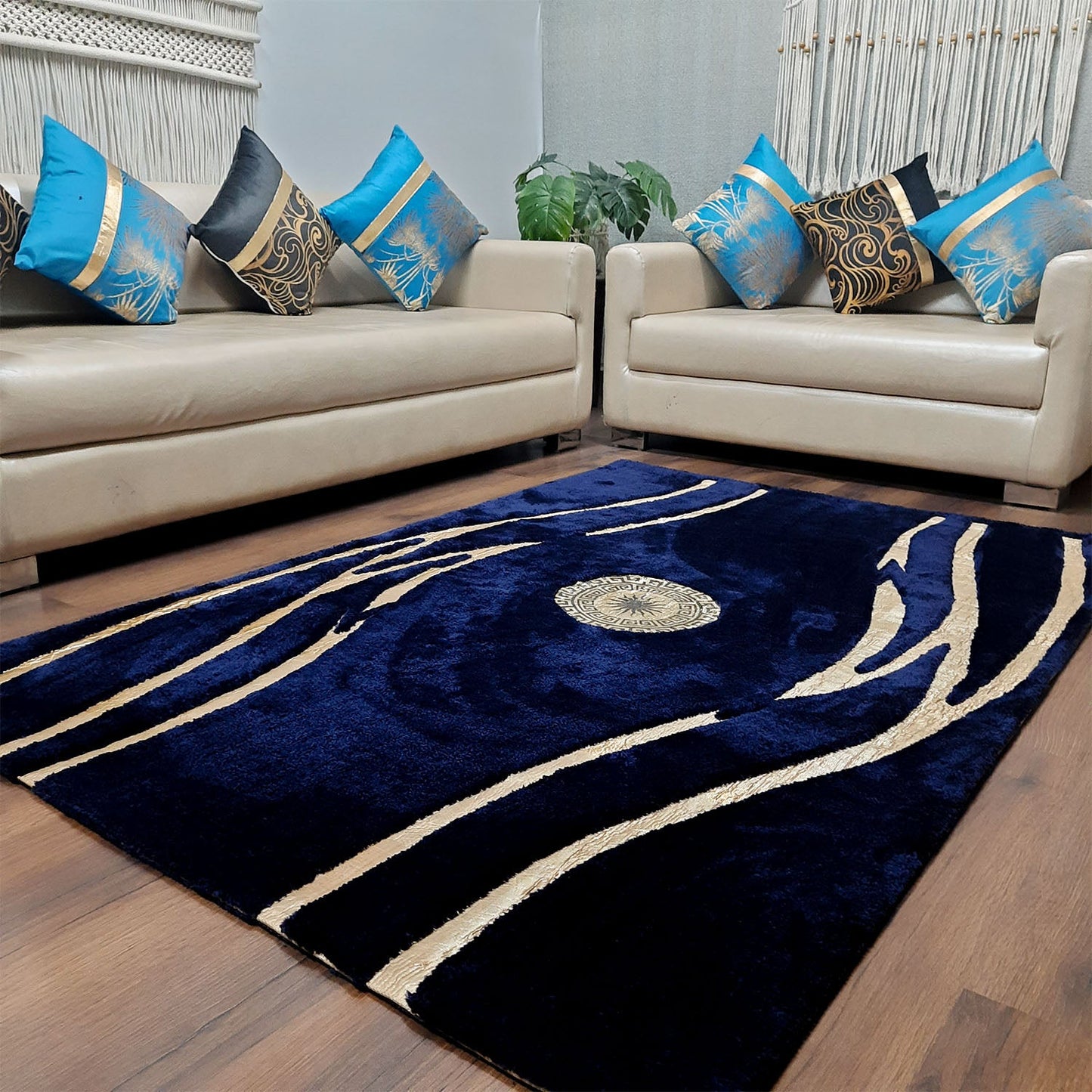 Storilane Hand Tufted Divine Collection- Turkish Carpets | Luxury Golden Touch With Blue Cross Design Soft And Plush Handmade Living Room Rugs | Different Sizes | Carpet for Living Room