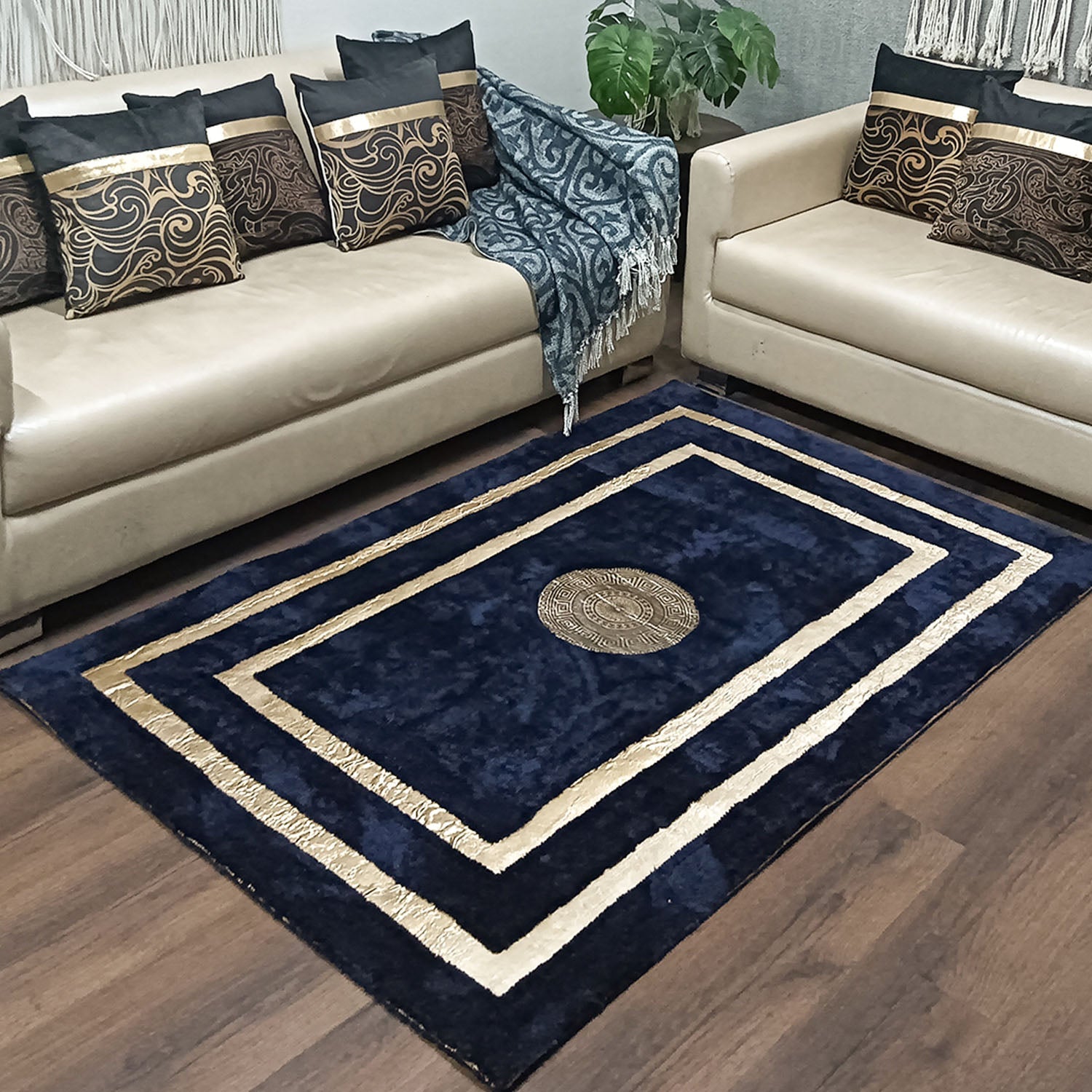 Storilane Hand Tufted Divine Collection- Turkish Carpets | Luxury Golden Touch With Blue Border Soft And Plush Handmade Living Room Rugs | Different Sizes | Carpet for Living Room