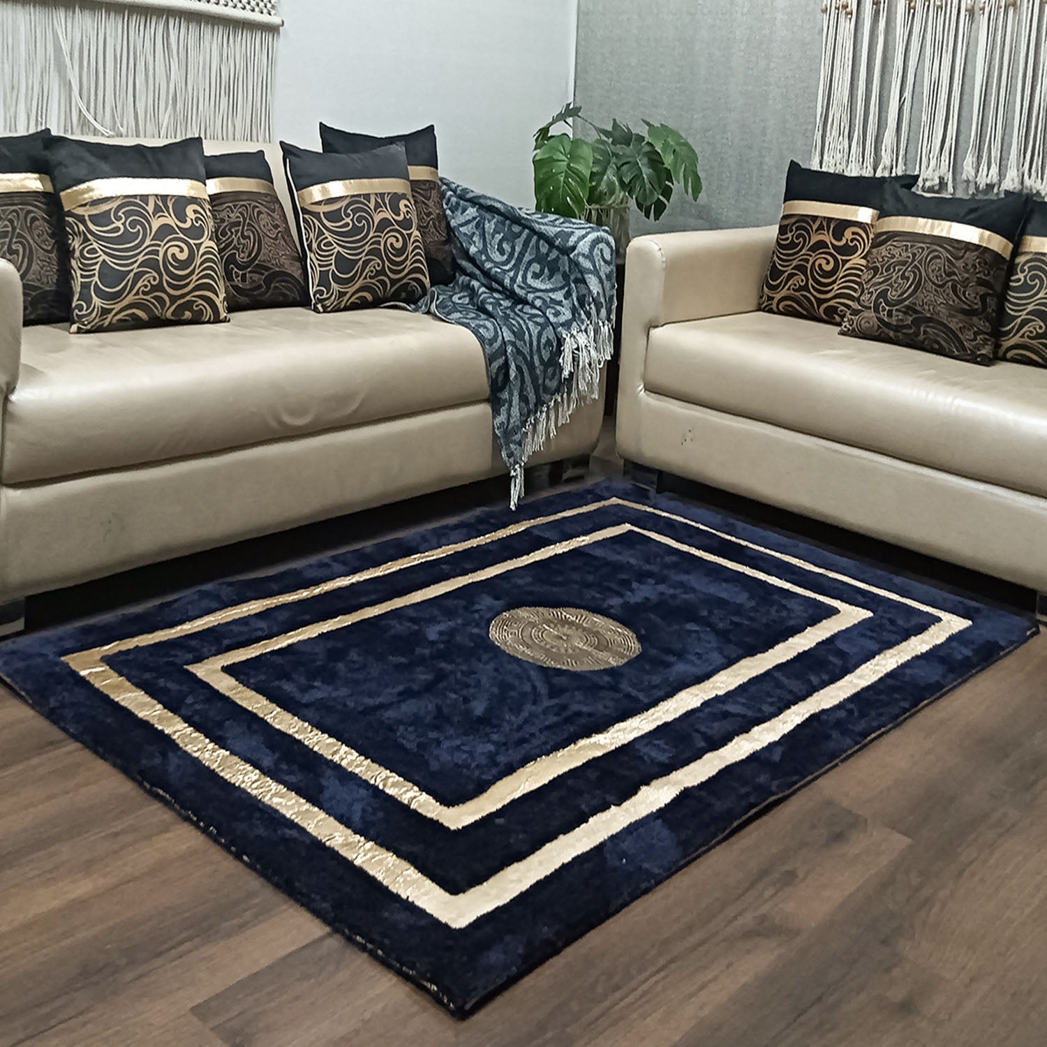 Storilane Hand Tufted Divine Collection- Turkish Carpets | Luxury Golden Touch With Blue Border Soft And Plush Handmade Living Room Rugs | Different Sizes | Carpet for Living Room