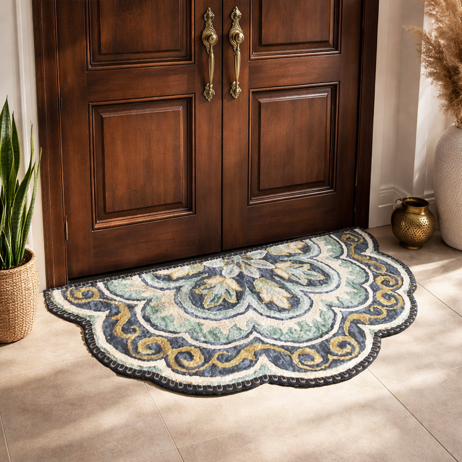 Storilane Floor Mats in Beautiful Rangoli Design | Semi Round Petals | Anti Slip, Durable & Washable | Outdoor & Indoor