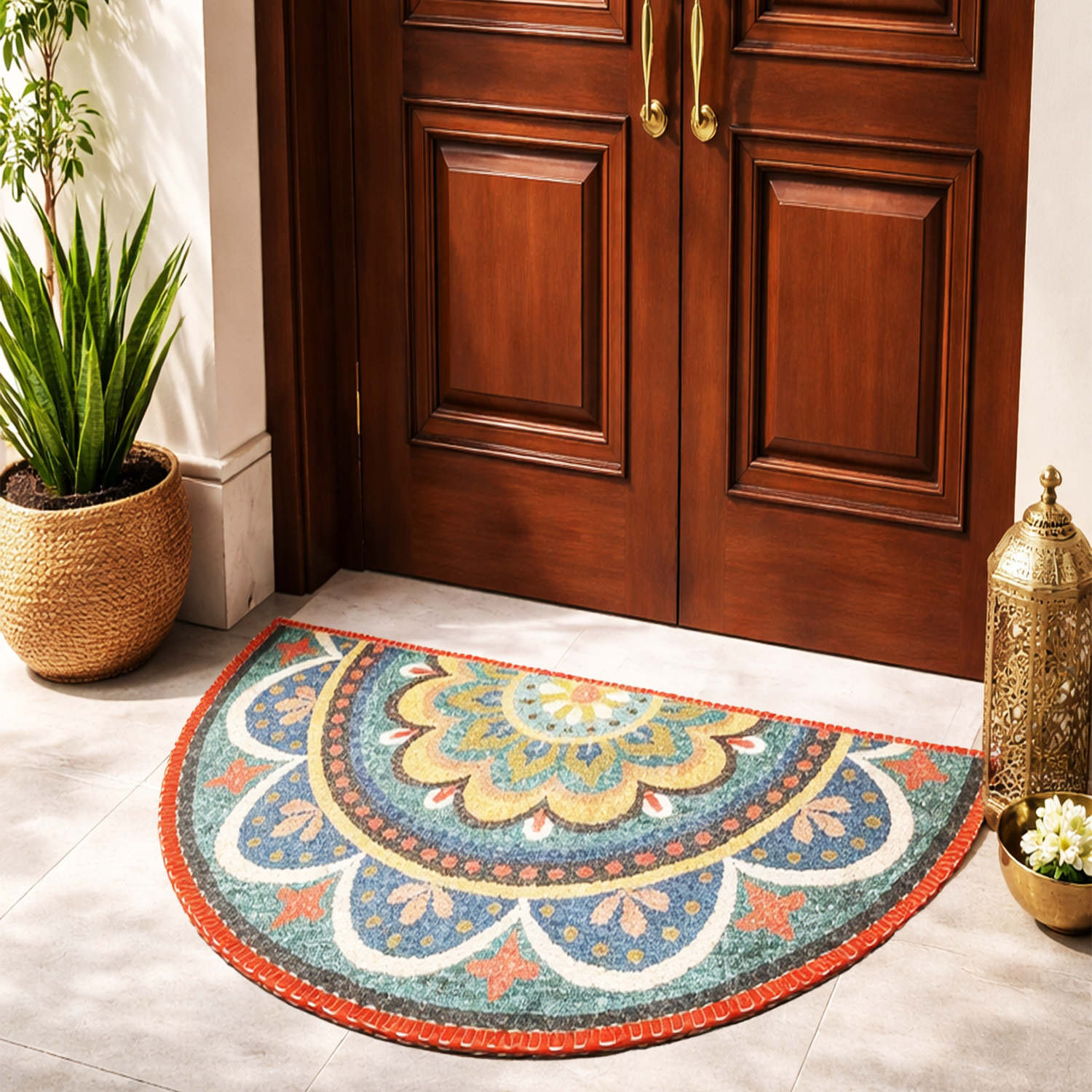 Storilane Floor Mats in Beautiful Rangoli Design | Half Circle Rugs | Anti Slip, Durable & Washable | Outdoor & Indoor