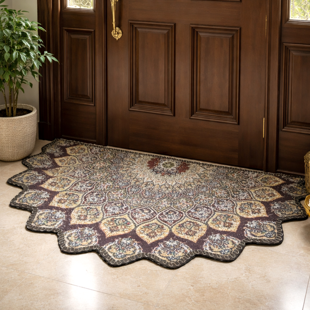 Decorative door mat with intricate Persian pattern in front of a wooden door.