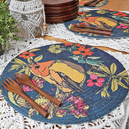 All Natural Round Cotton Braided Mats- “Natura Collection By Avioni”-Washable-Bird On Branch-Good for Gifting (38 cms Diameter)