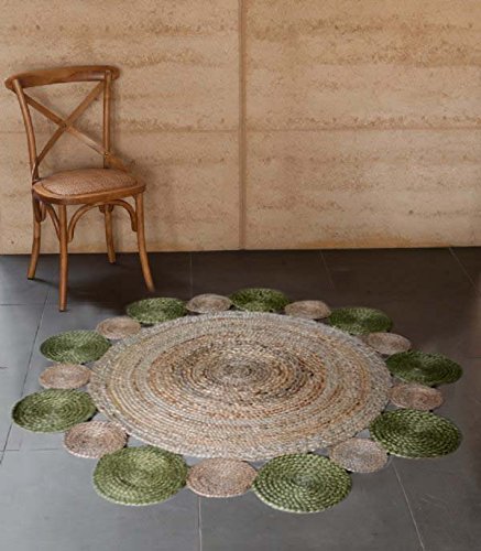 Jute Mat – Natural Rugs – Braided Area Rug – Green Border – Handmade & Unbleached – 150 cm (~5 feet) Round – Avioni Premium Eco Collection