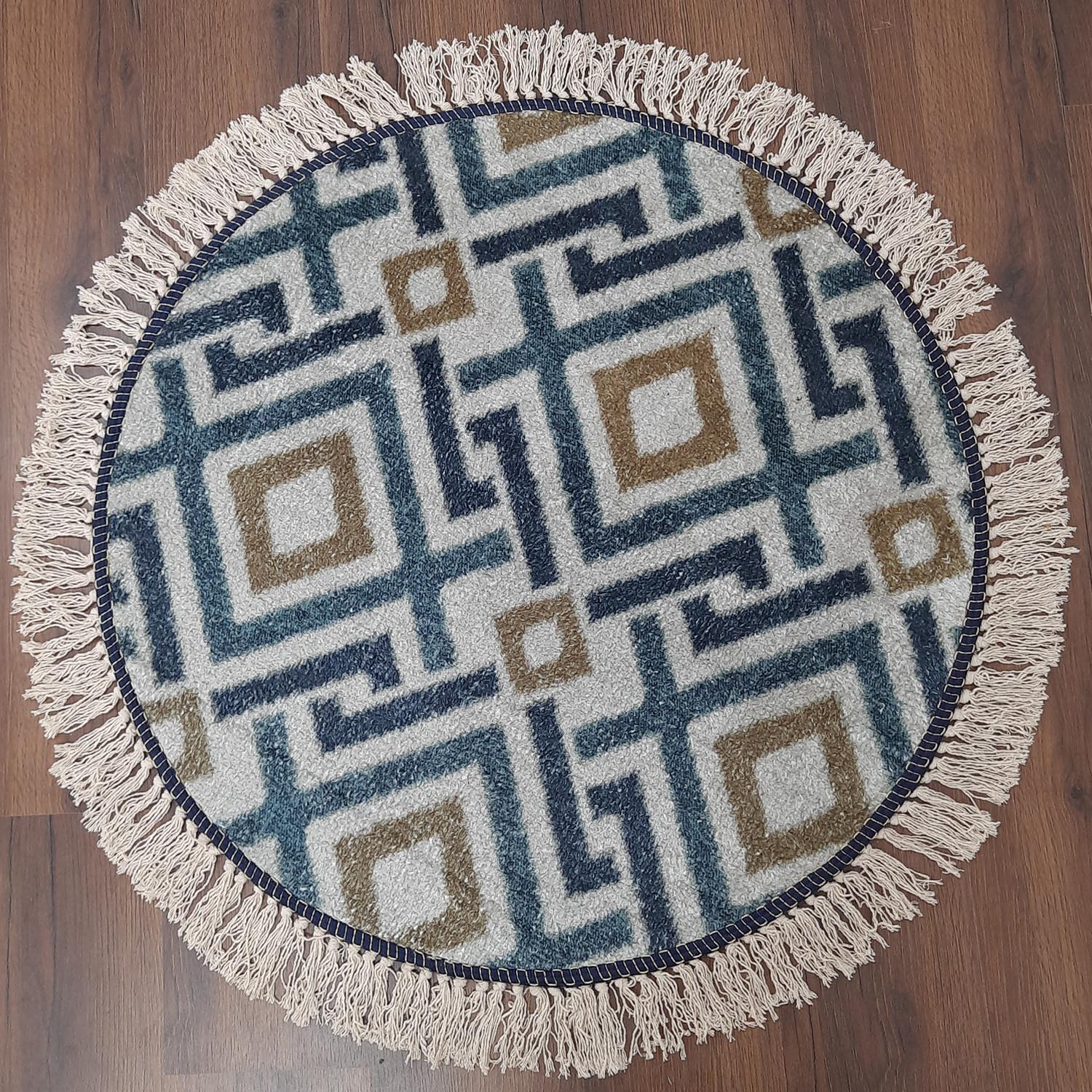 Avioni Kids Faux Silk Carpet – Contemporary Round Rug – Geometric Blue Copper Pattern