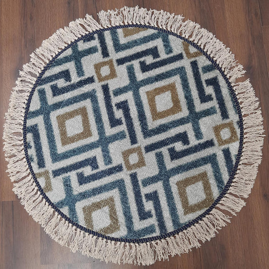 Avioni Kids Faux Silk Carpet – Contemporary Round Rug – Geometric Blue Copper Pattern